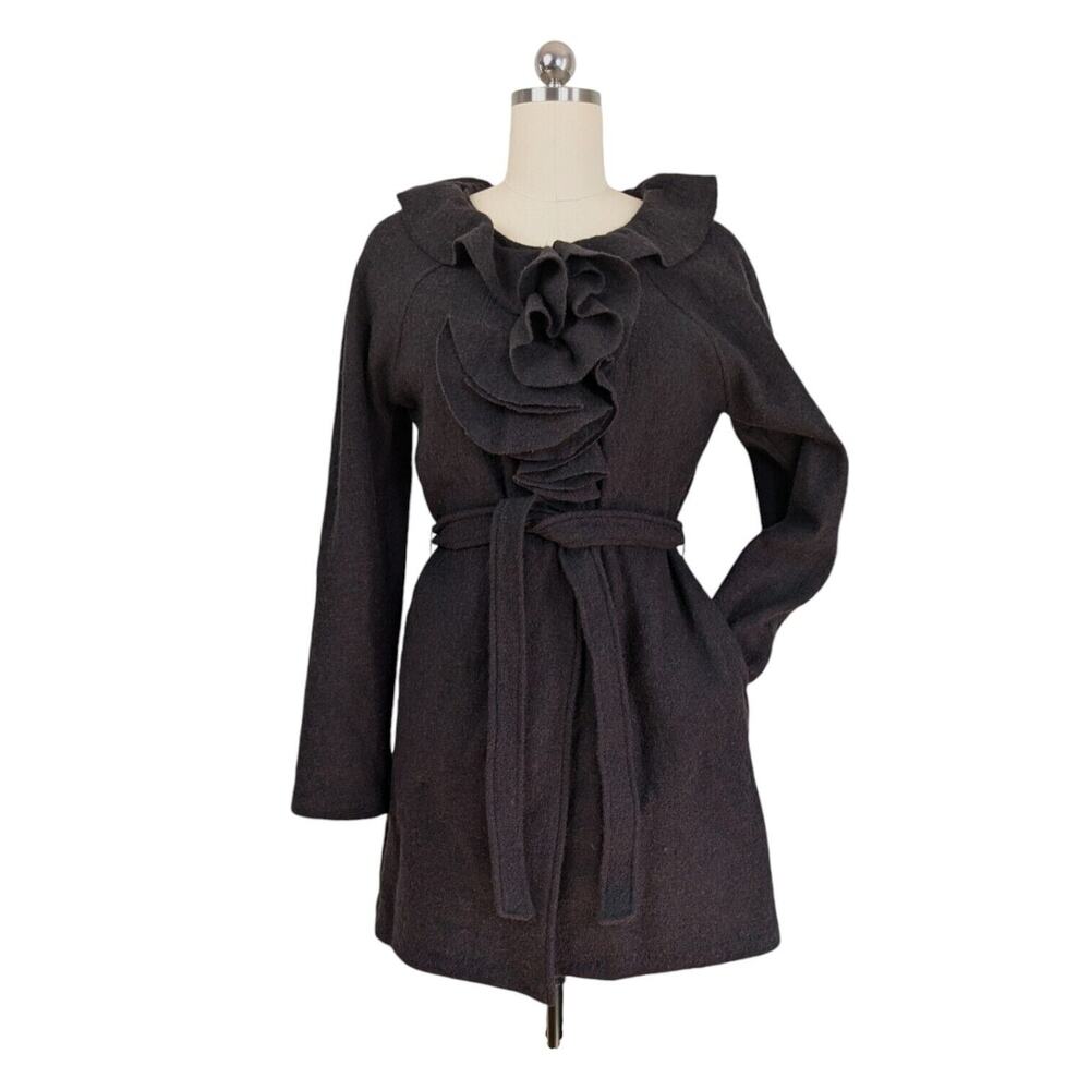 Cynthia Rowley Wool Cardigan Sweater L Brown Jacket Duster Ruffle Whimsigoth